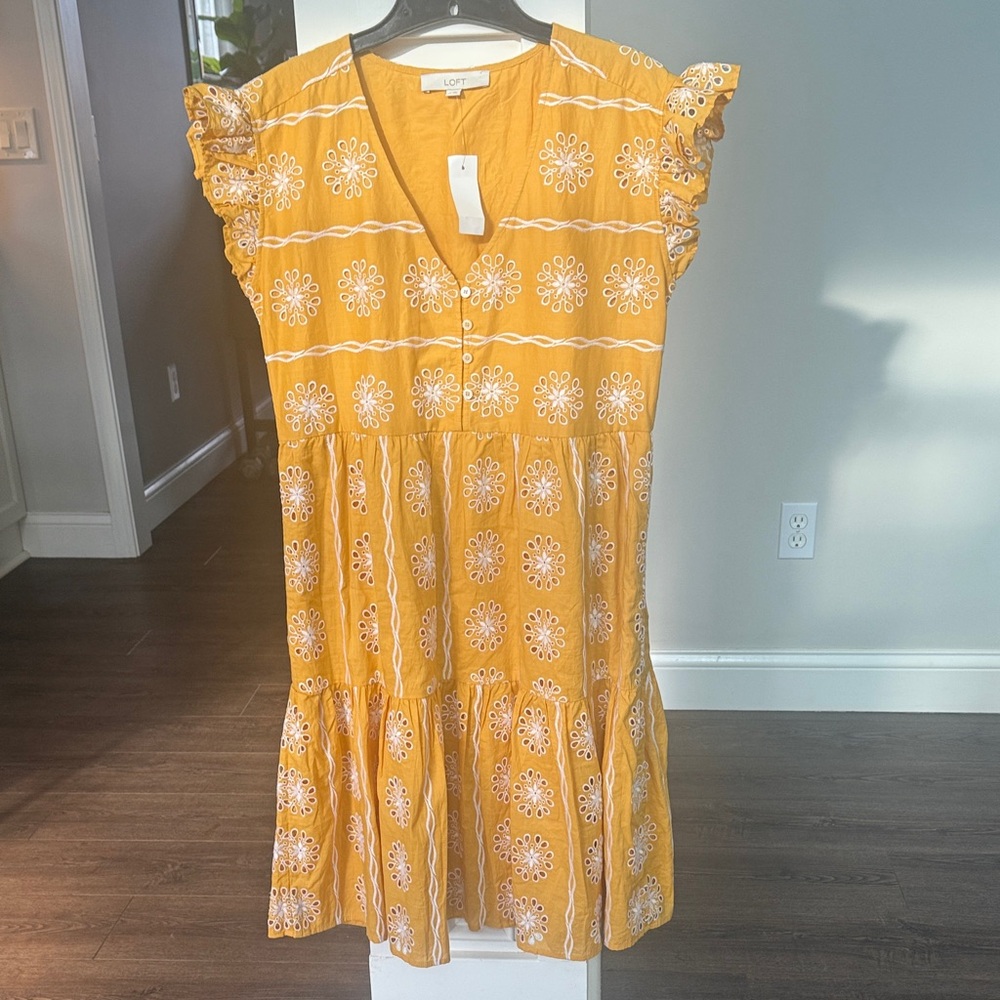 LOFT NWT Mustard Yellow Embroidered Oversized Flutter Sleeve Dress XS - Picture 2 of 9